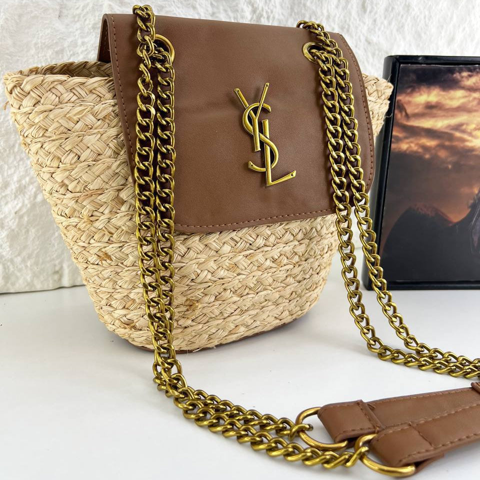 Saint Laurent Straw and Leather Chain Shoulder Bag