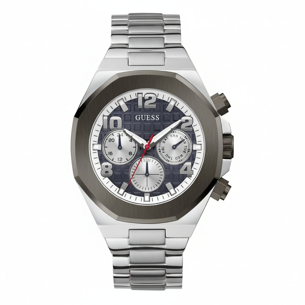 Guess Men's Silver and Blue Stainless Steel Chronograph Watch