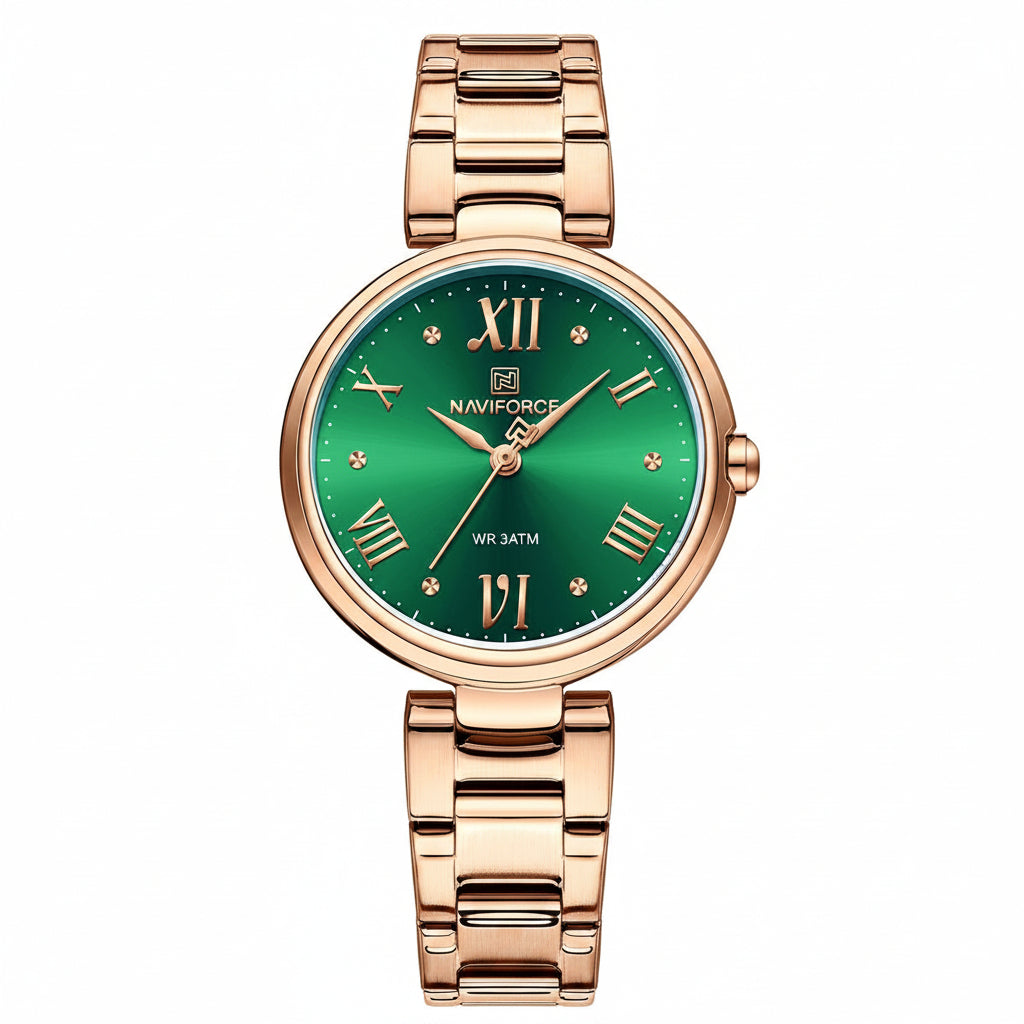 NAVIFORCE Rose Gold Stainless Steel Watch with Emerald Green Dial