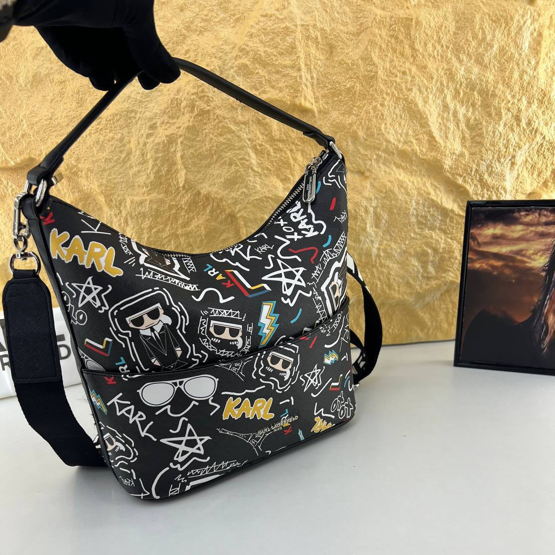 Karl Lagerfeld Graffiti Print Signature Character Shoulder Bag