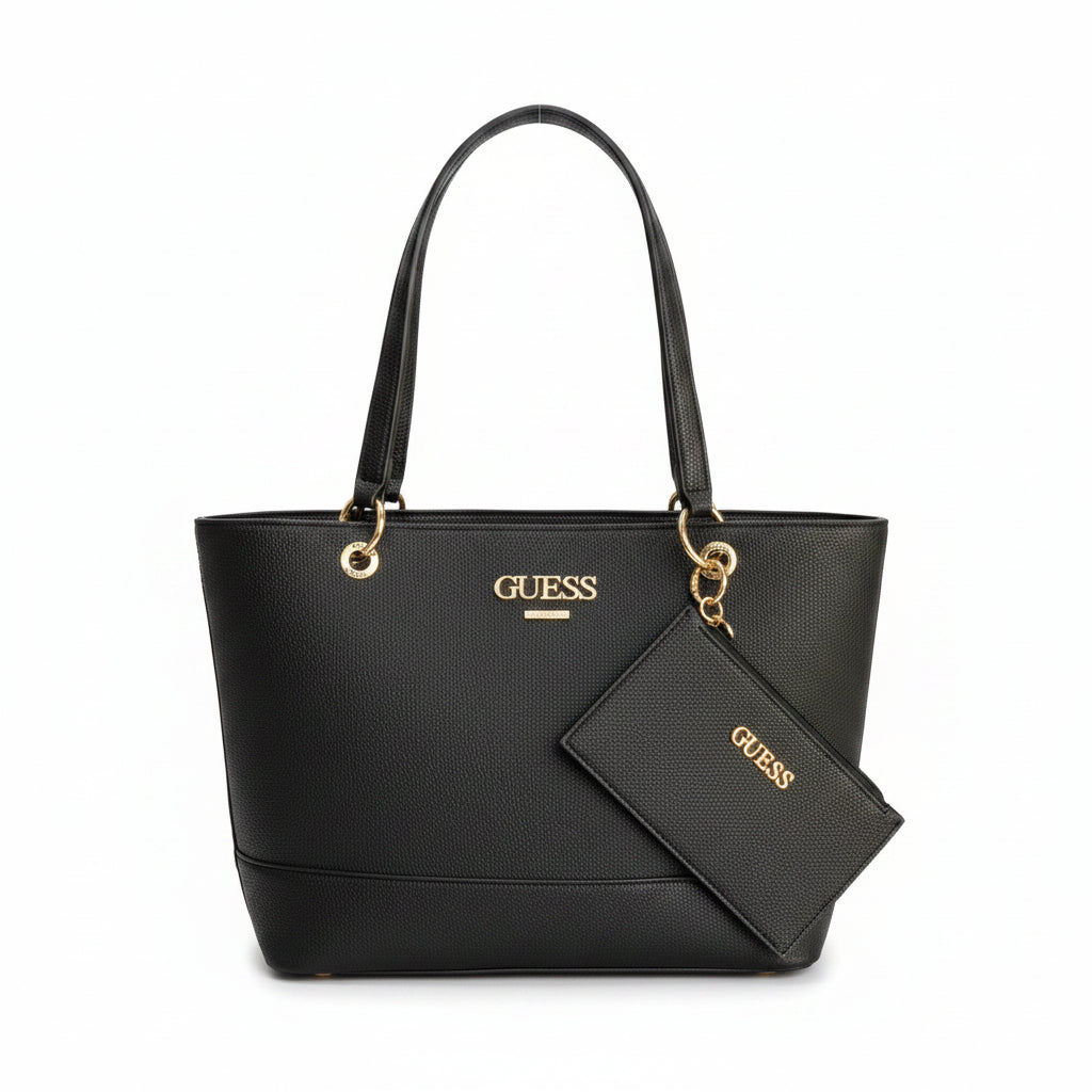 Guess Black Tote Bag with Detachable Pouch and Gold Hardware