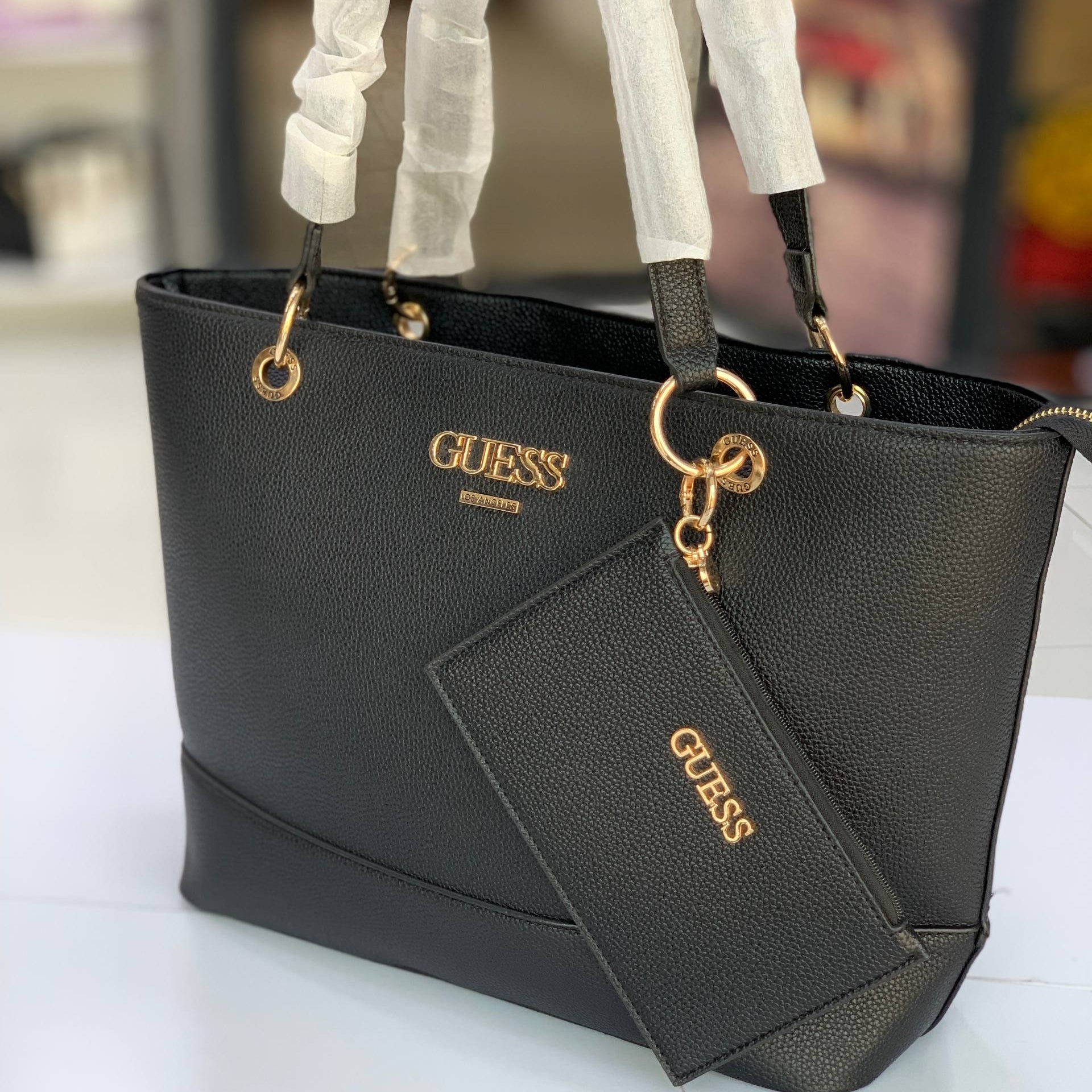 Guess Black Tote Bag with Detachable Pouch and Gold Hardware