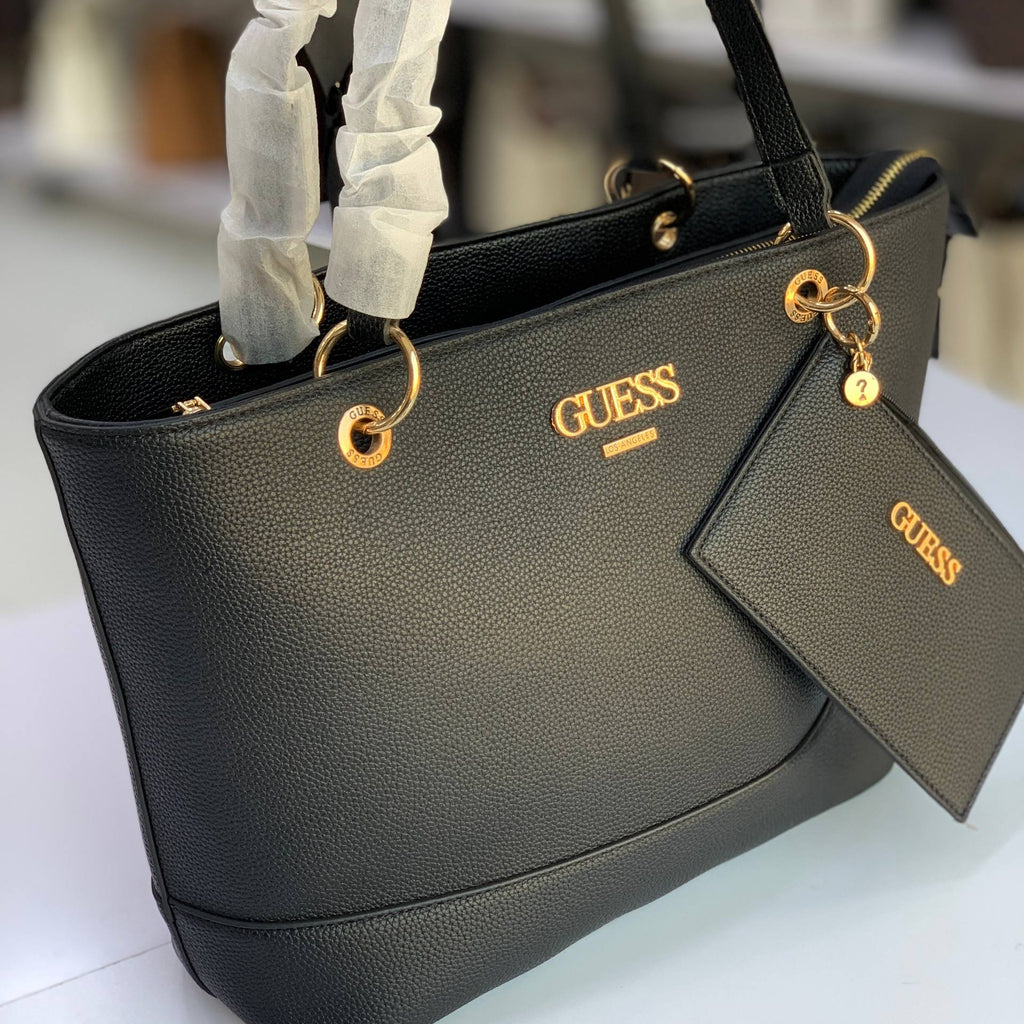 Guess Black Tote Bag with Detachable Pouch and Gold Hardware