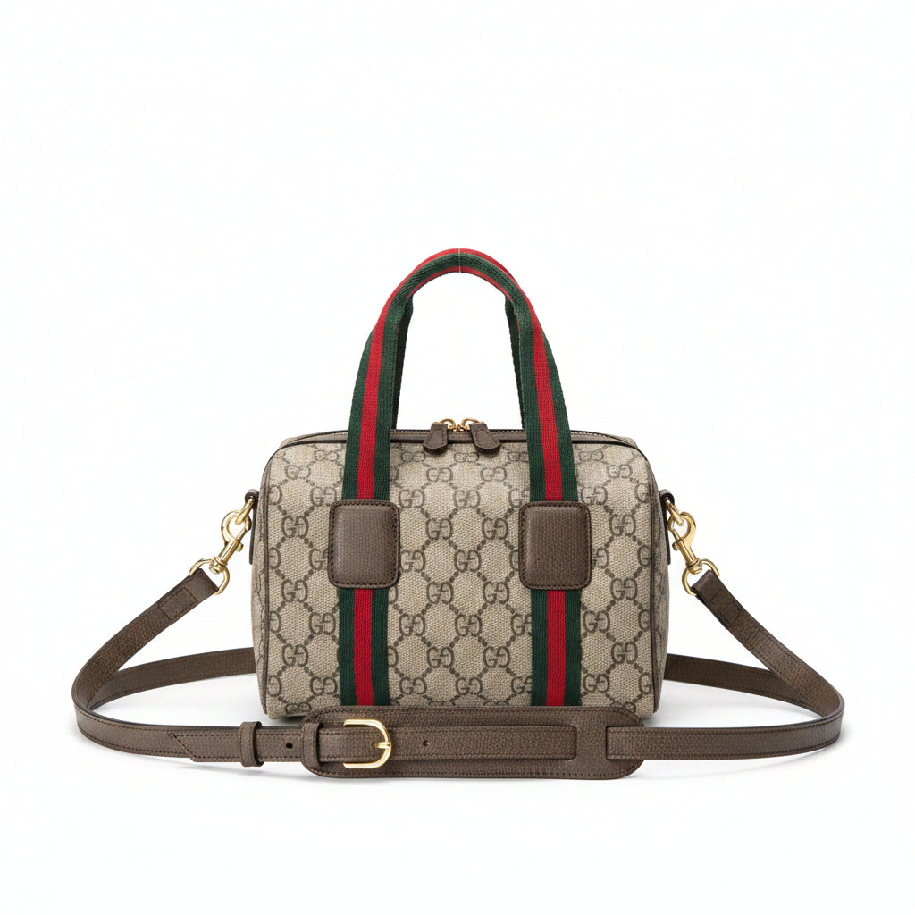 Gucci Boston Bag with Iconic Monogram Canvas and Web Stripe