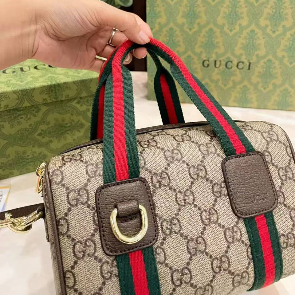 Gucci Boston Bag with Iconic Monogram Canvas and Web Stripe