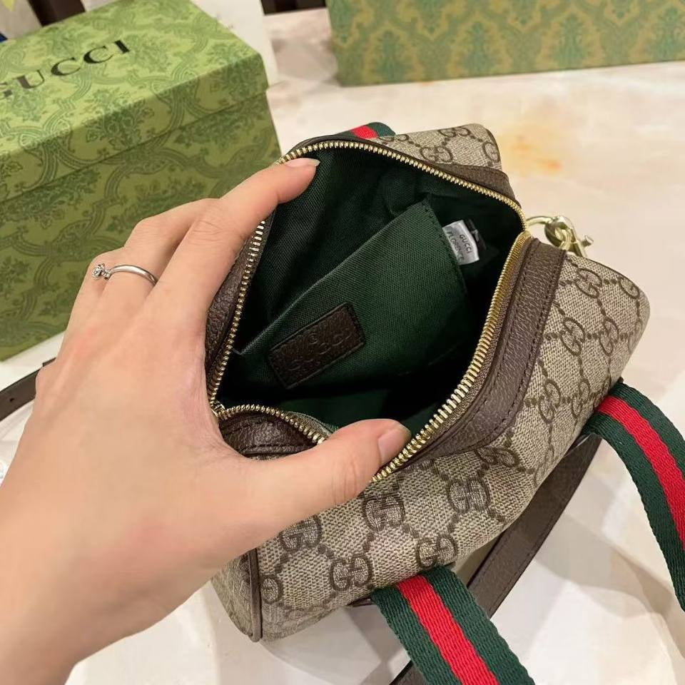 Gucci Boston Bag with Iconic Monogram Canvas and Web Stripe