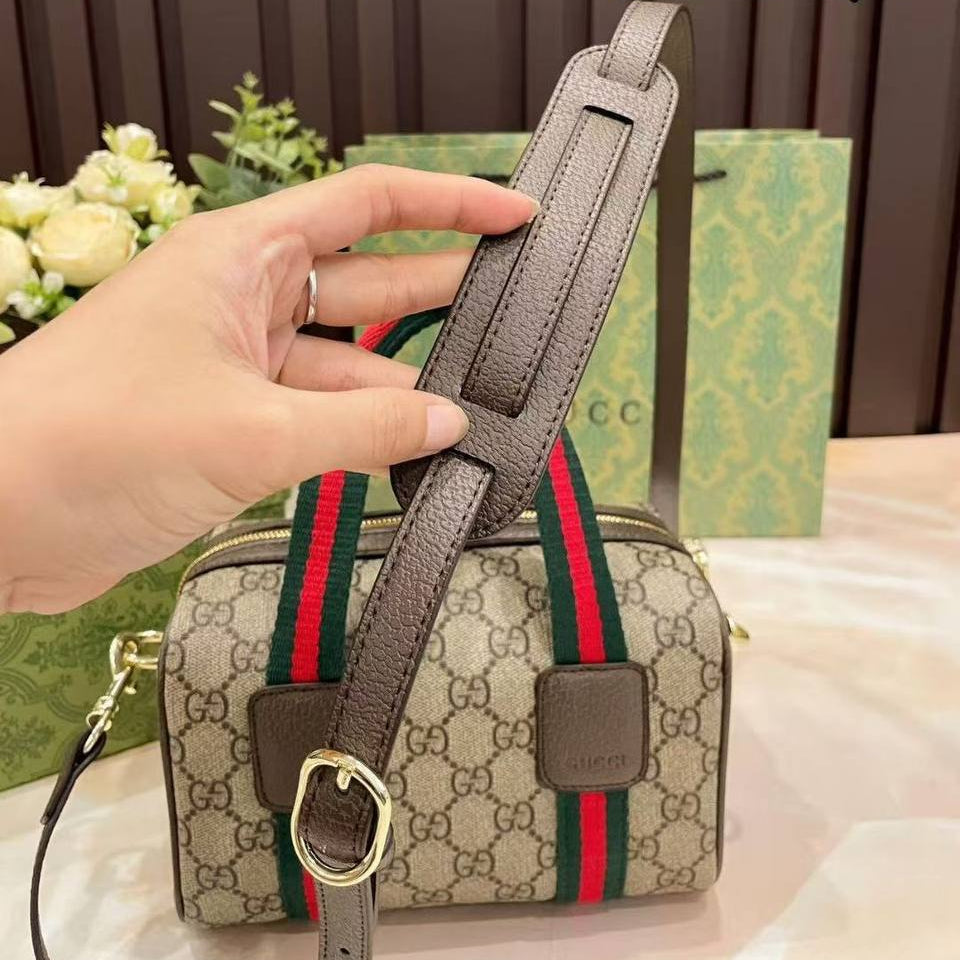 Gucci Boston Bag with Iconic Monogram Canvas and Web Stripe