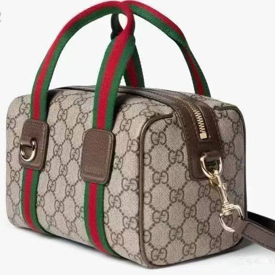 Gucci Boston Bag with Iconic Monogram Canvas and Web Stripe