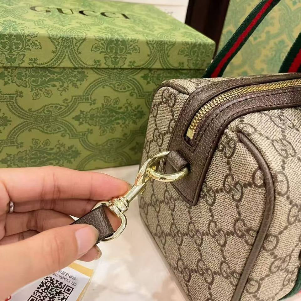 Gucci Boston Bag with Iconic Monogram Canvas and Web Stripe