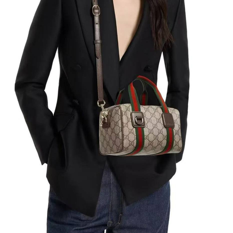 Gucci Boston Bag with Iconic Monogram Canvas and Web Stripe
