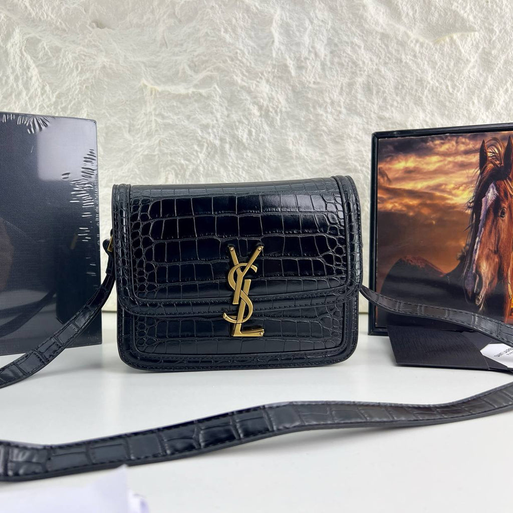 YSL Crocodile Embossed Leather Shoulder Bag with Gold-Tone Hardware