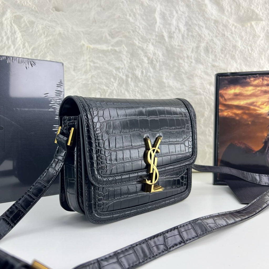 YSL Crocodile Embossed Leather Shoulder Bag with Gold-Tone Hardware