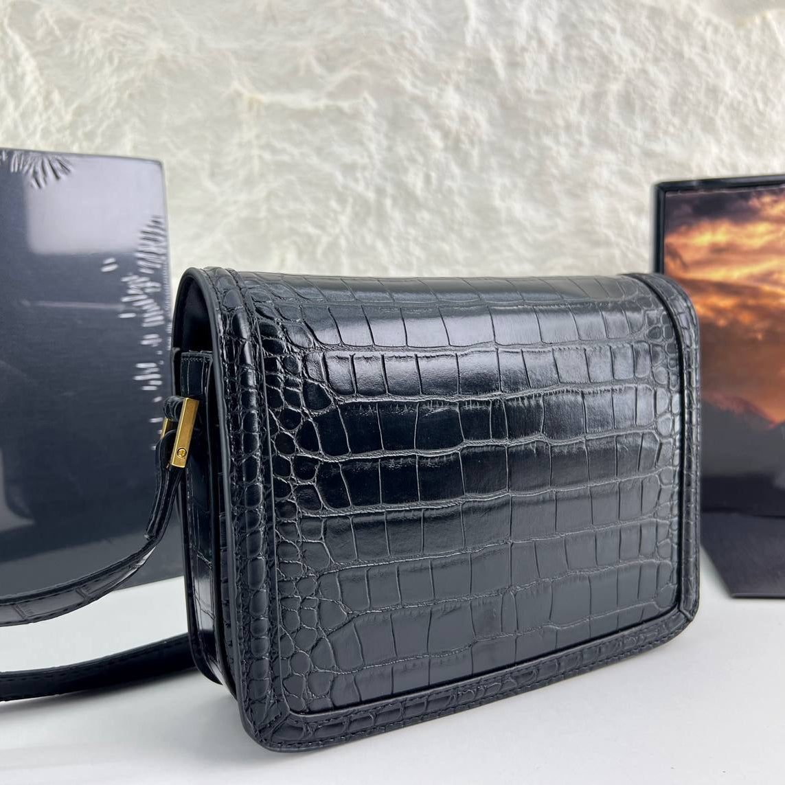 YSL Crocodile Embossed Leather Shoulder Bag with Gold-Tone Hardware