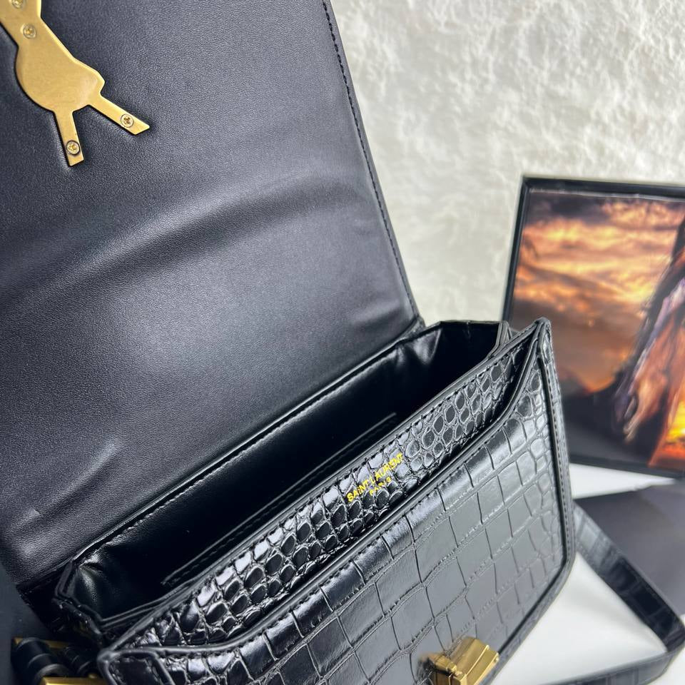 YSL Crocodile Embossed Leather Shoulder Bag with Gold-Tone Hardware