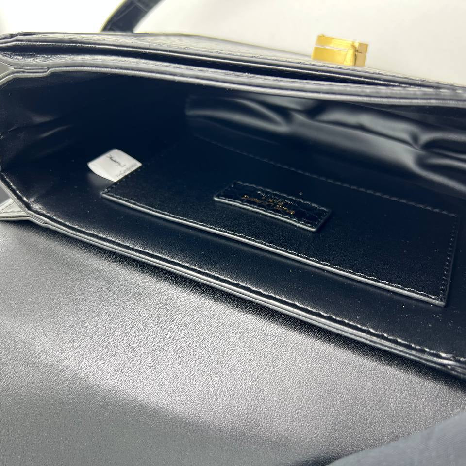 YSL Crocodile Embossed Leather Shoulder Bag with Gold-Tone Hardware