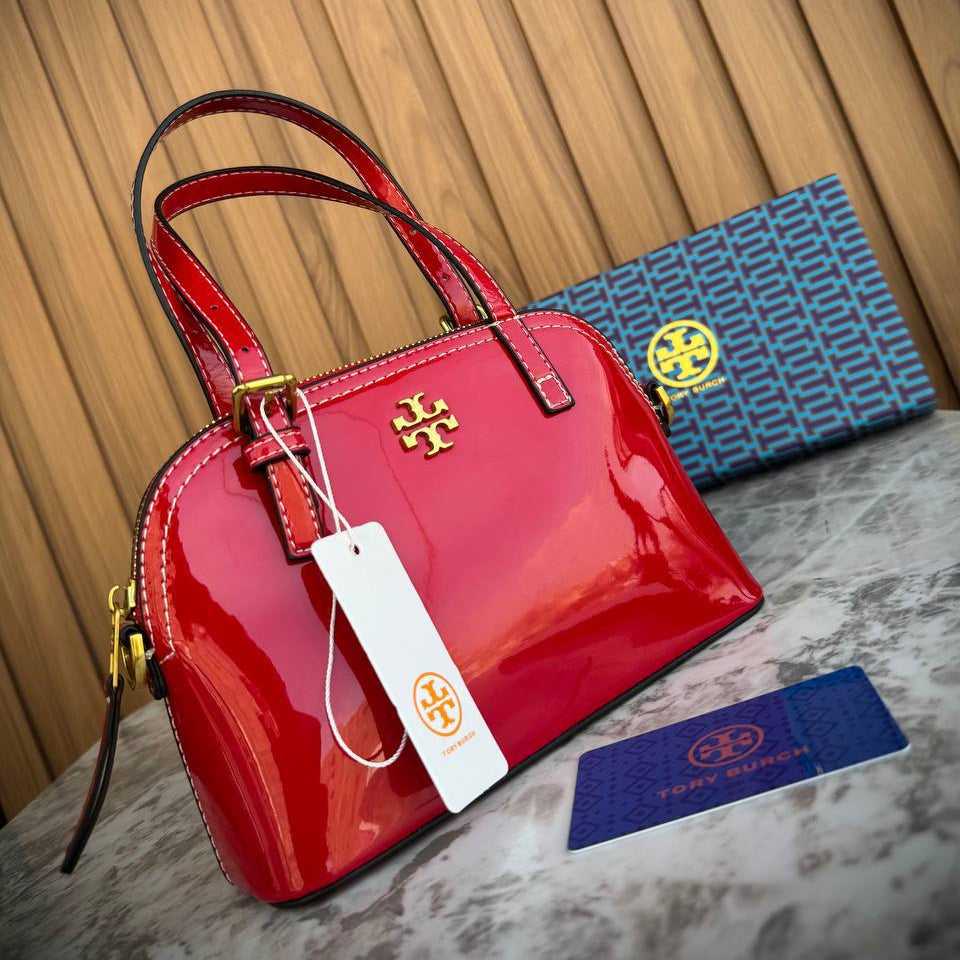 Tory Burch Red Patent Leather Handbag with Gold Tone Hardware