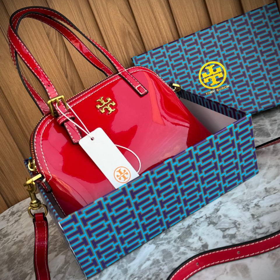 Tory Burch Red Patent Leather Handbag with Gold Tone Hardware