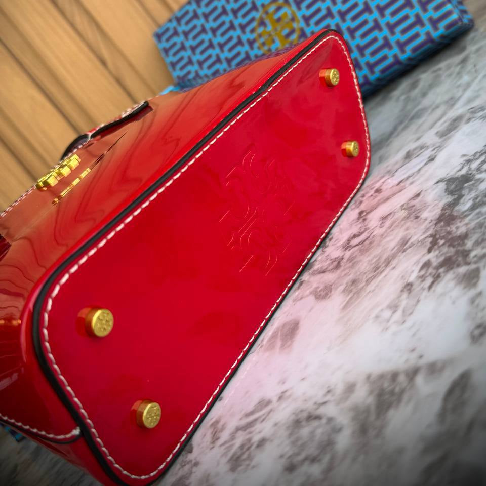 Tory Burch Red Patent Leather Handbag with Gold Tone Hardware