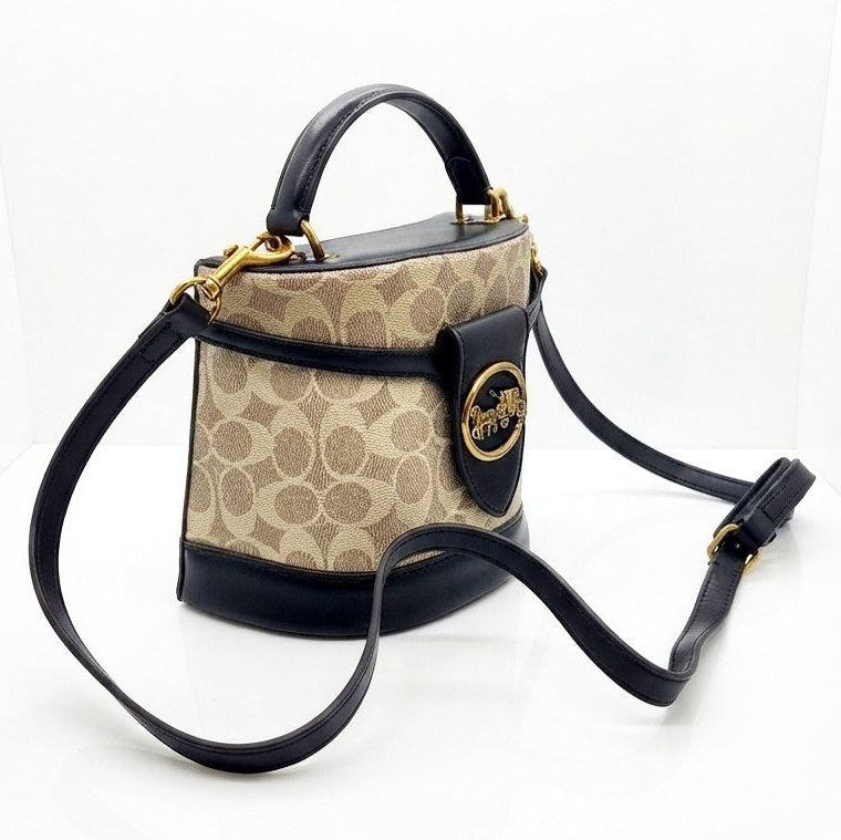 Coach Signature Logo Emblem Bucket Bag in Beige and Black