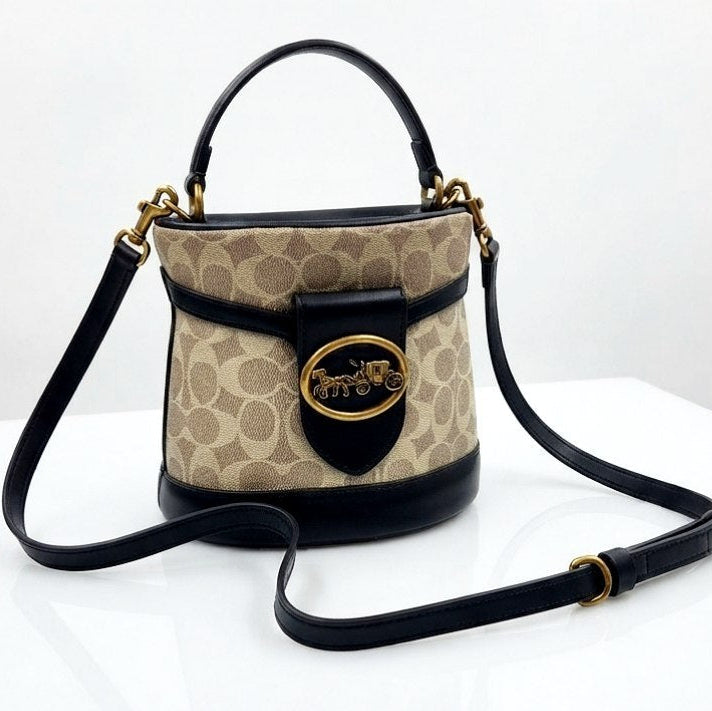 Coach Signature Logo Emblem Bucket Bag in Beige and Black