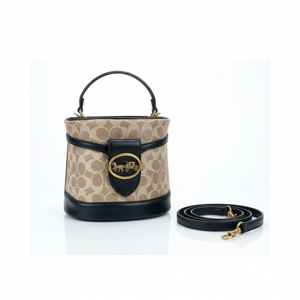 Coach Signature Logo Emblem Bucket Bag in Beige and Black