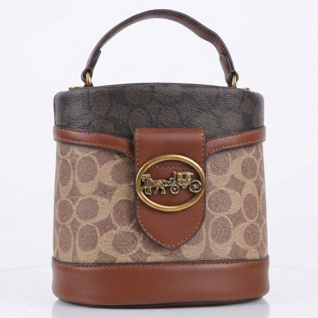 Coach Signature Logo Emblem Bucket Bag in Beige and Black