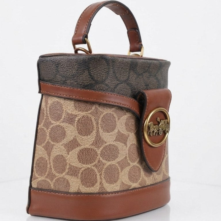 Coach Signature Logo Emblem Bucket Bag in Beige and Black