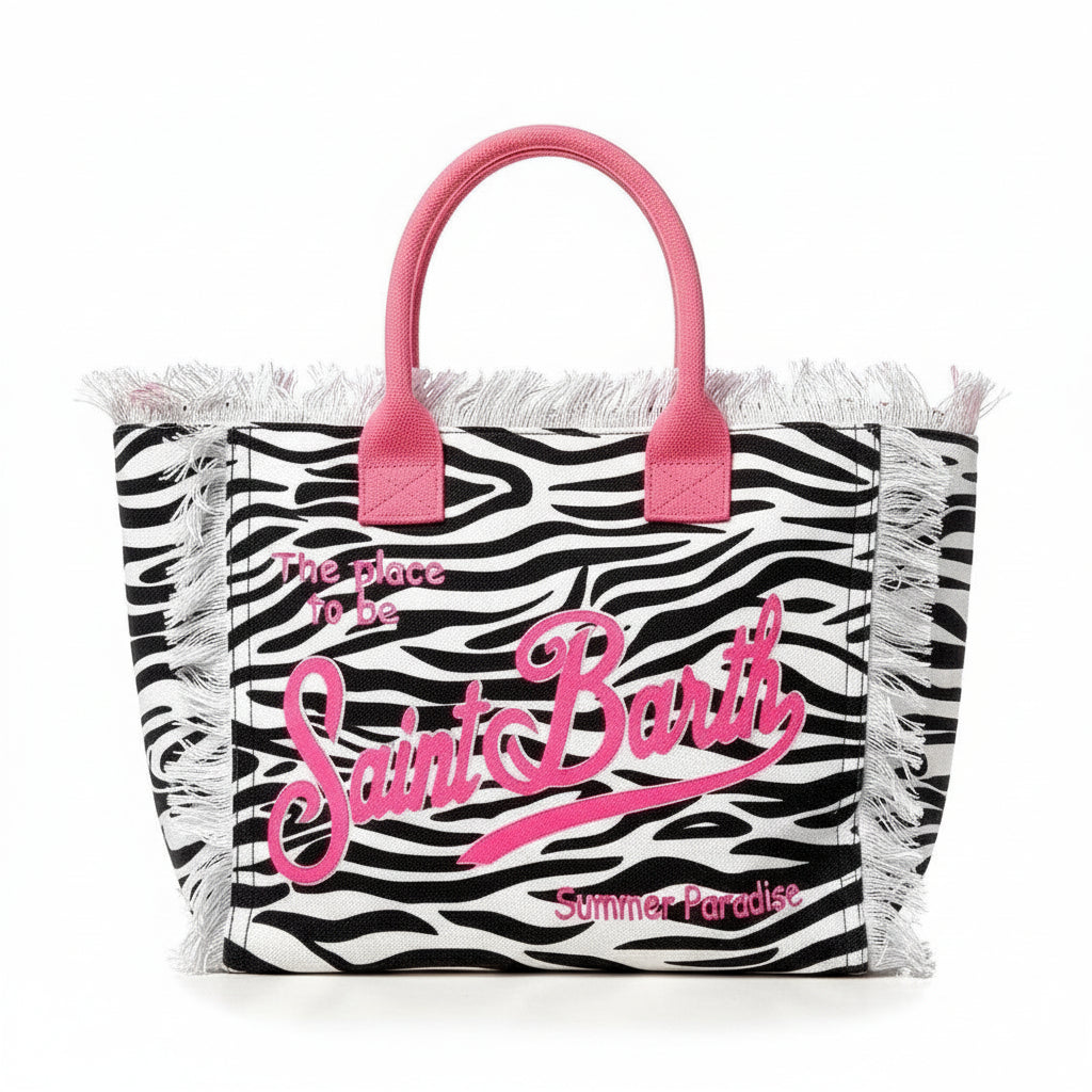 Saint Barth Zebra Print Canvas Tote with Pink Accents