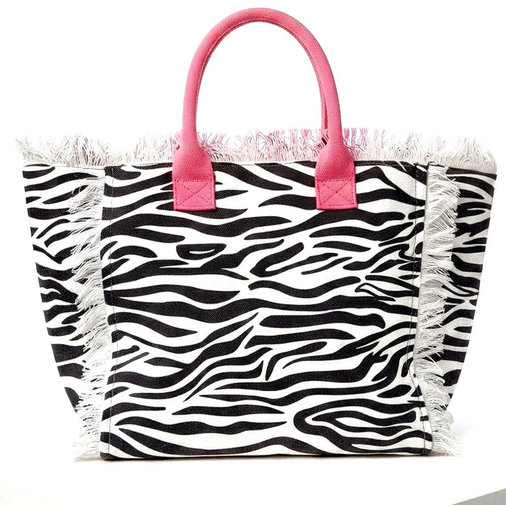 Saint Barth Zebra Print Canvas Tote with Pink Accents