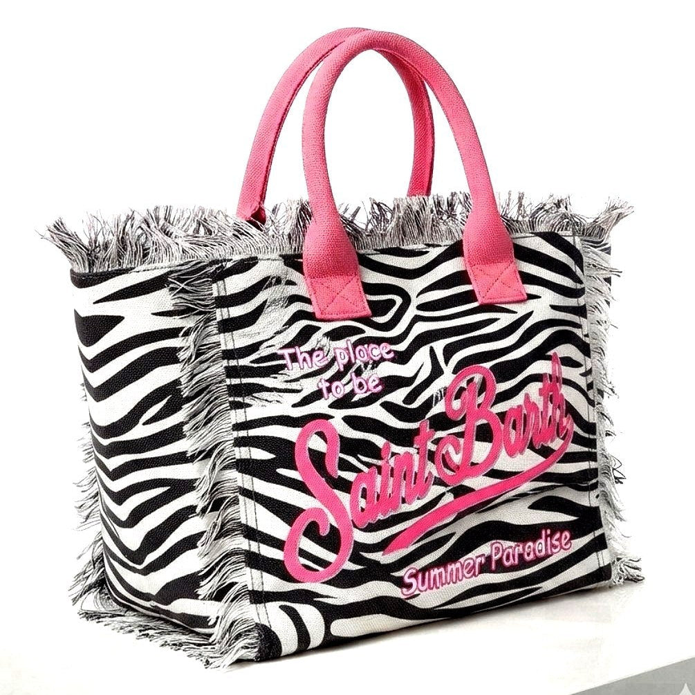 Saint Barth Zebra Print Canvas Tote with Pink Accents