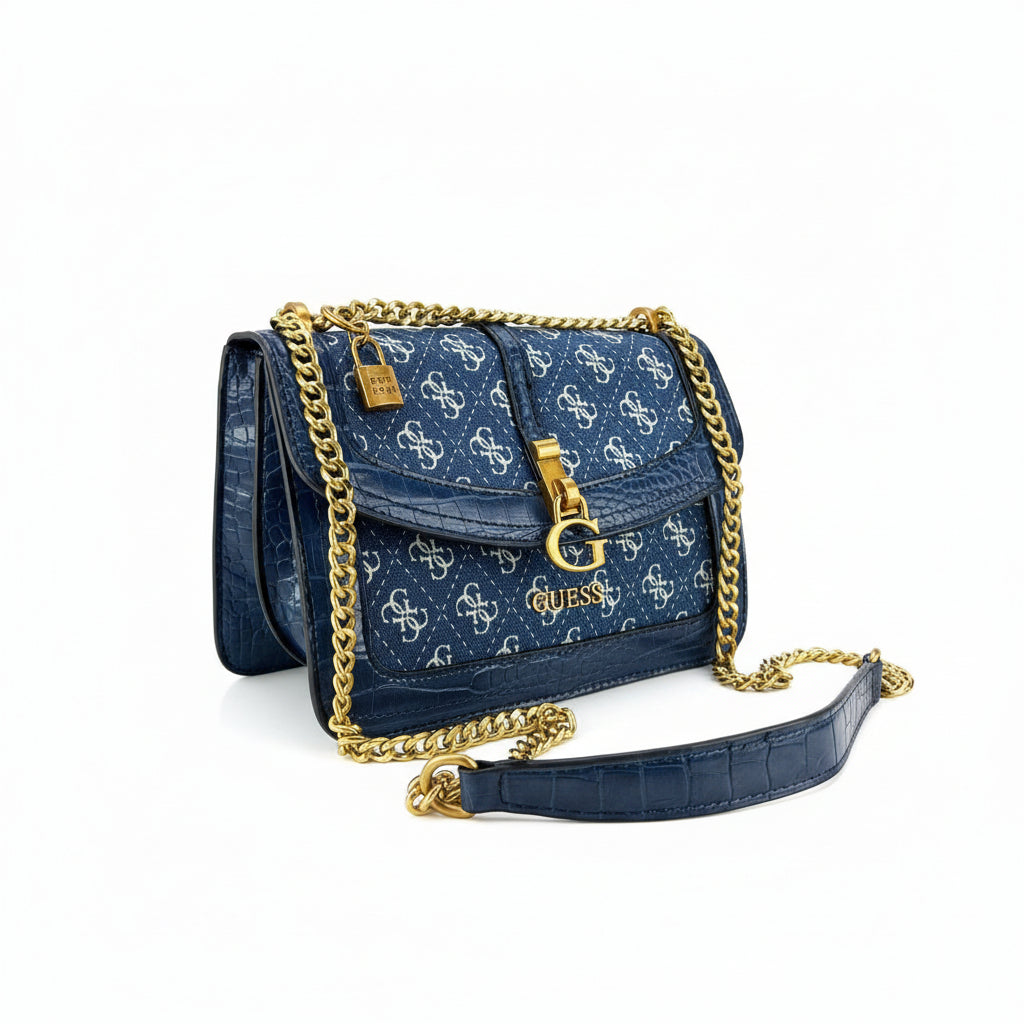 Guess Logo Denim & Croc-Effect Shoulder Bag 👜💙✨