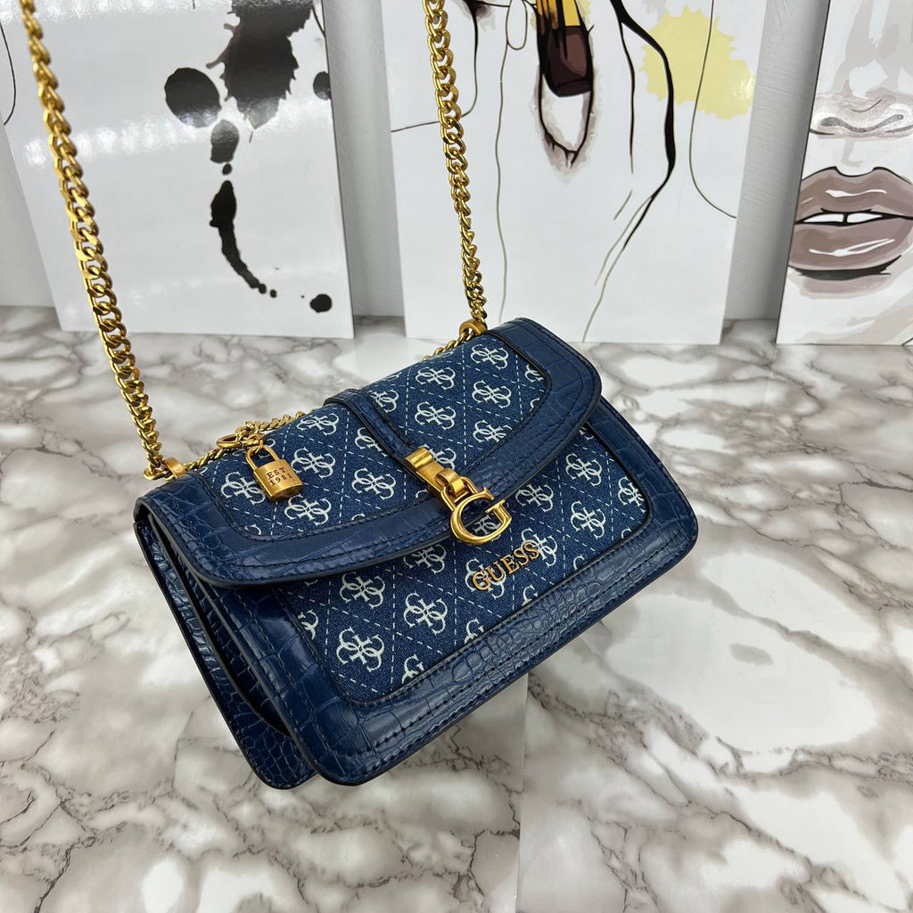 Guess Logo Denim & Croc-Effect Shoulder Bag 👜💙✨