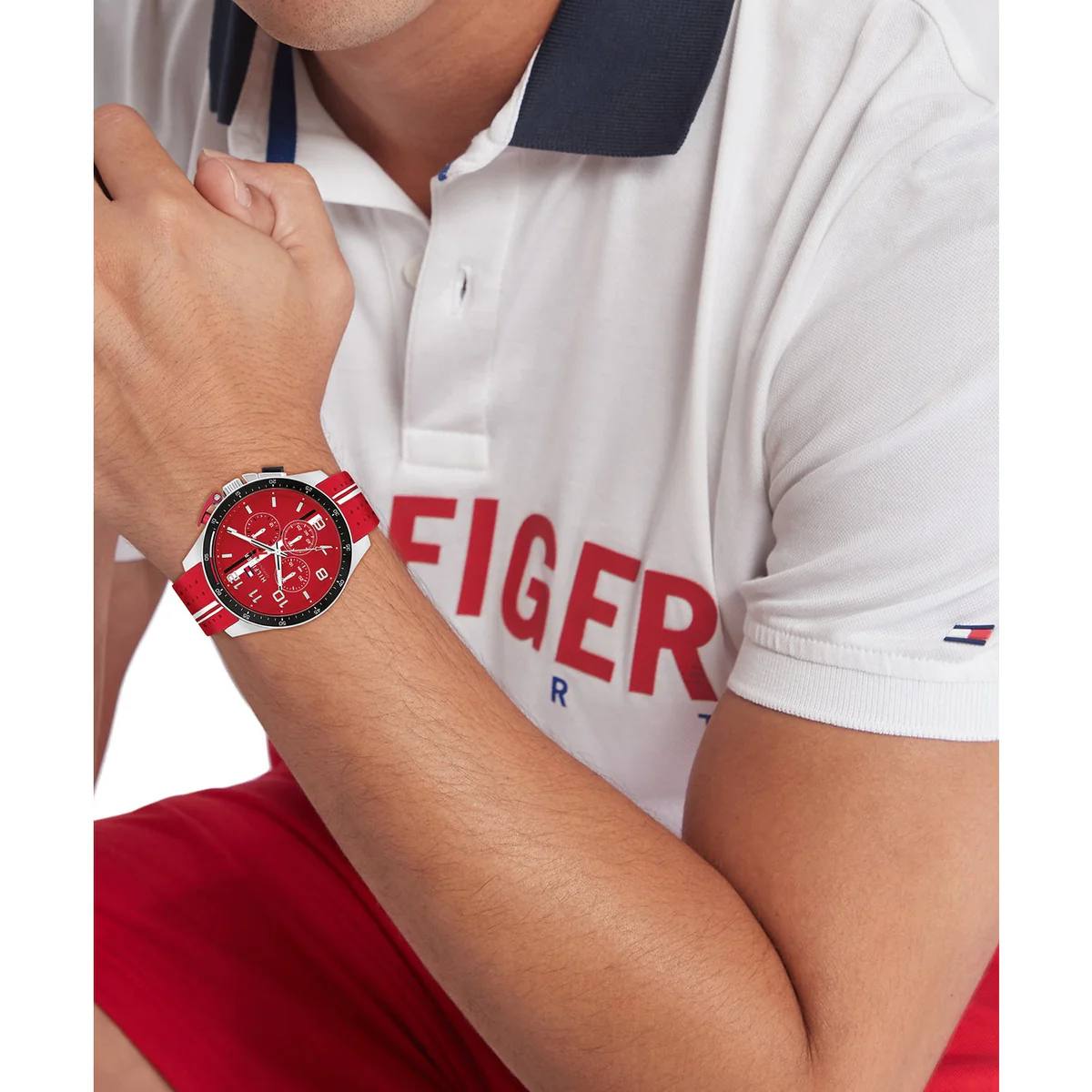 Tommy Hilfiger Red & Black Chronograph Stainless Steel Watch ⌚🔴🖤