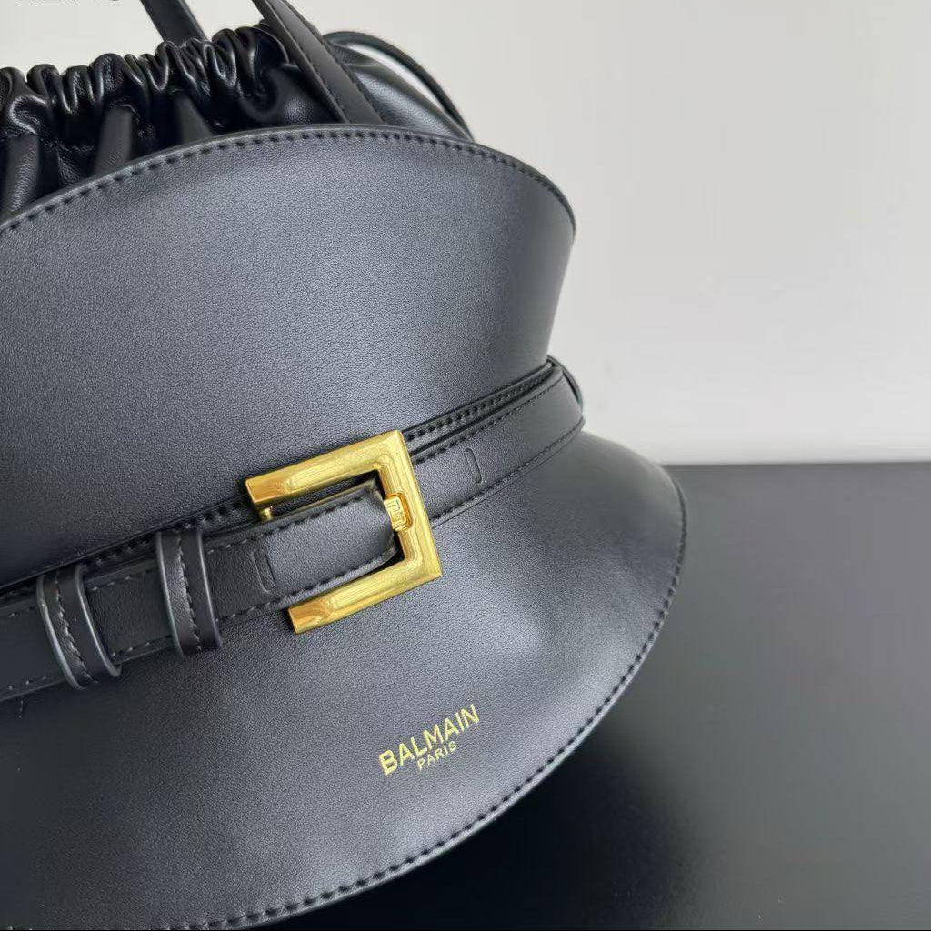Balmain Paris Black Drawstring Belt Bag with Gold-Tone Buckle 👜✨