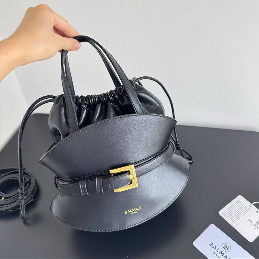 Balmain Paris Black Drawstring Belt Bag with Gold-Tone Buckle 👜✨
