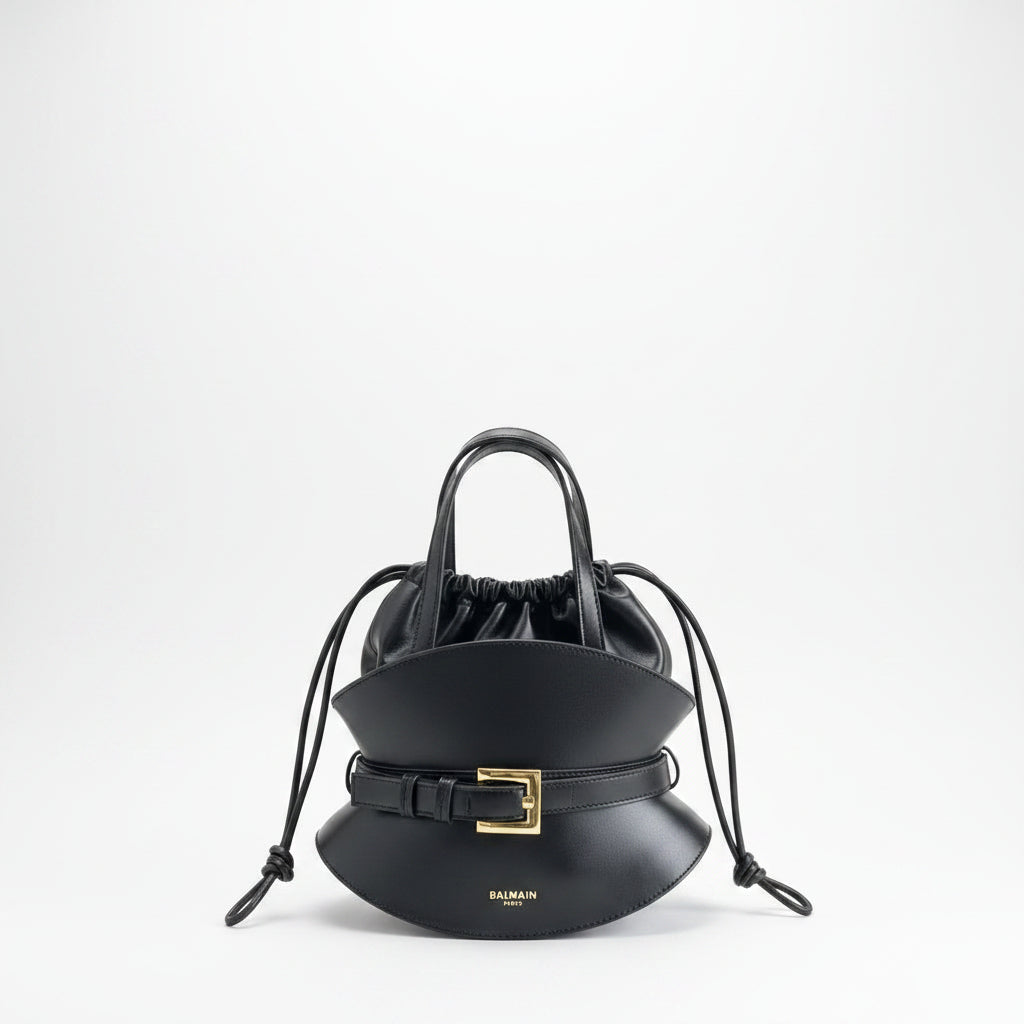 Balmain Paris Black Drawstring Belt Bag with Gold-Tone Buckle 👜✨