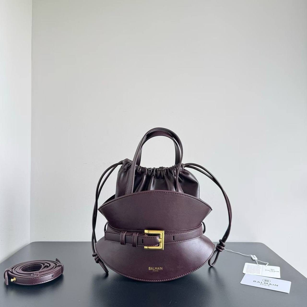 Balmain Paris Black Drawstring Belt Bag with Gold-Tone Buckle 👜✨