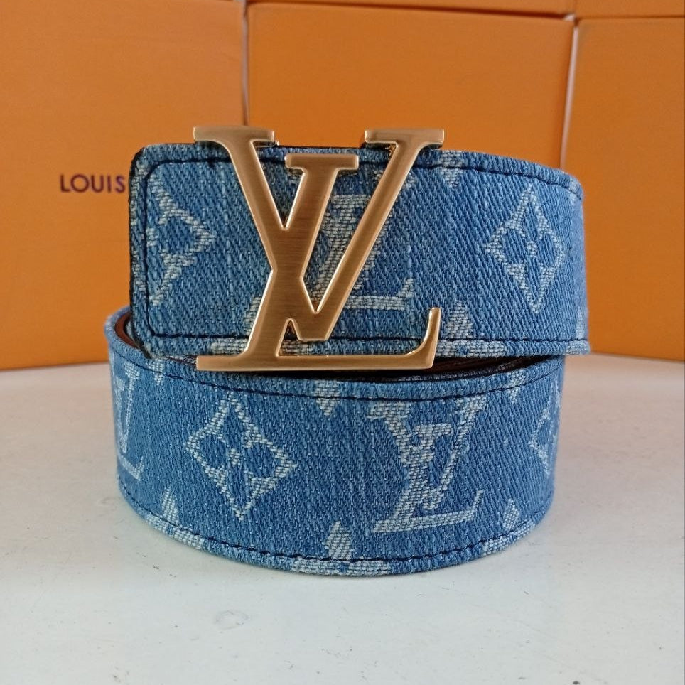Louis Vuitton Blue Monogram Denim Belt with Gold Buckle 🔵✨