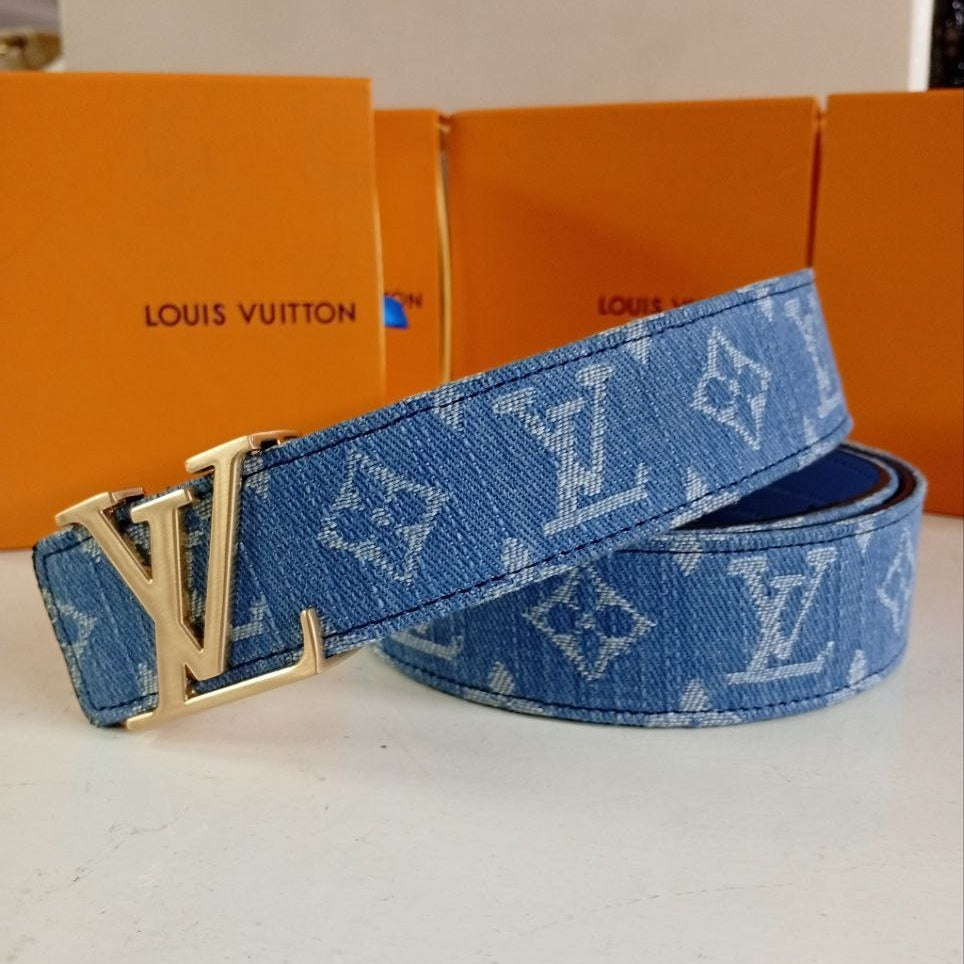 Louis Vuitton Blue Monogram Denim Belt with Gold Buckle 🔵✨