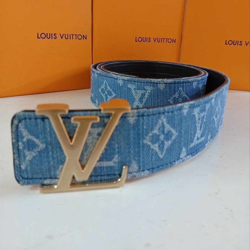 Louis Vuitton Blue Monogram Denim Belt with Gold Buckle 🔵✨