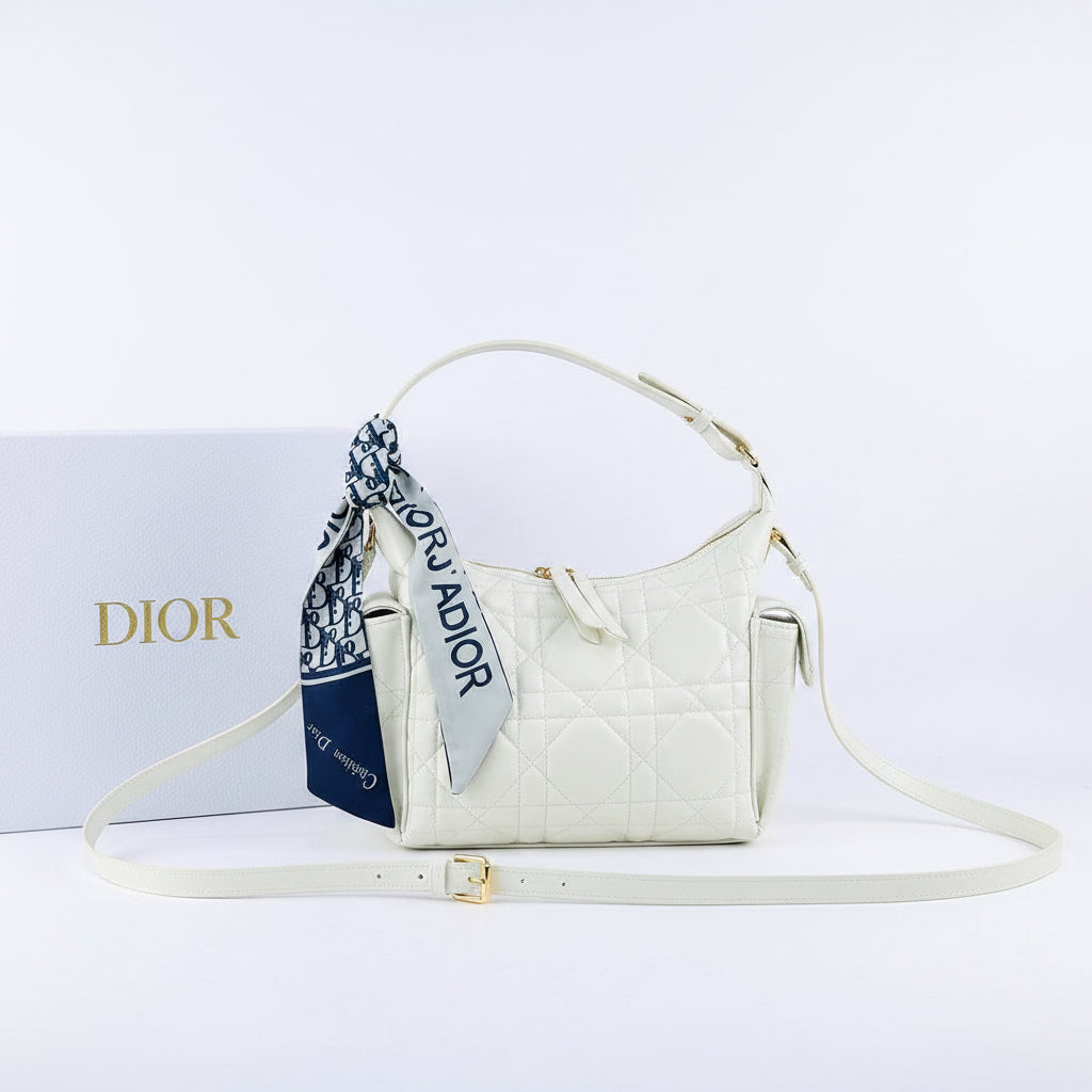 Dior Inspired Large White Quilted Shoulder Bag with Scarf 👜✨