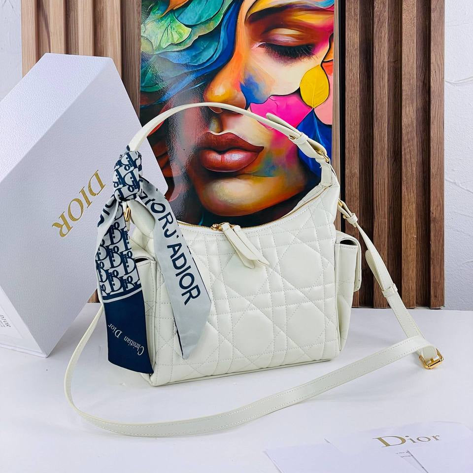 Dior Inspired Large White Quilted Shoulder Bag with Scarf 👜✨