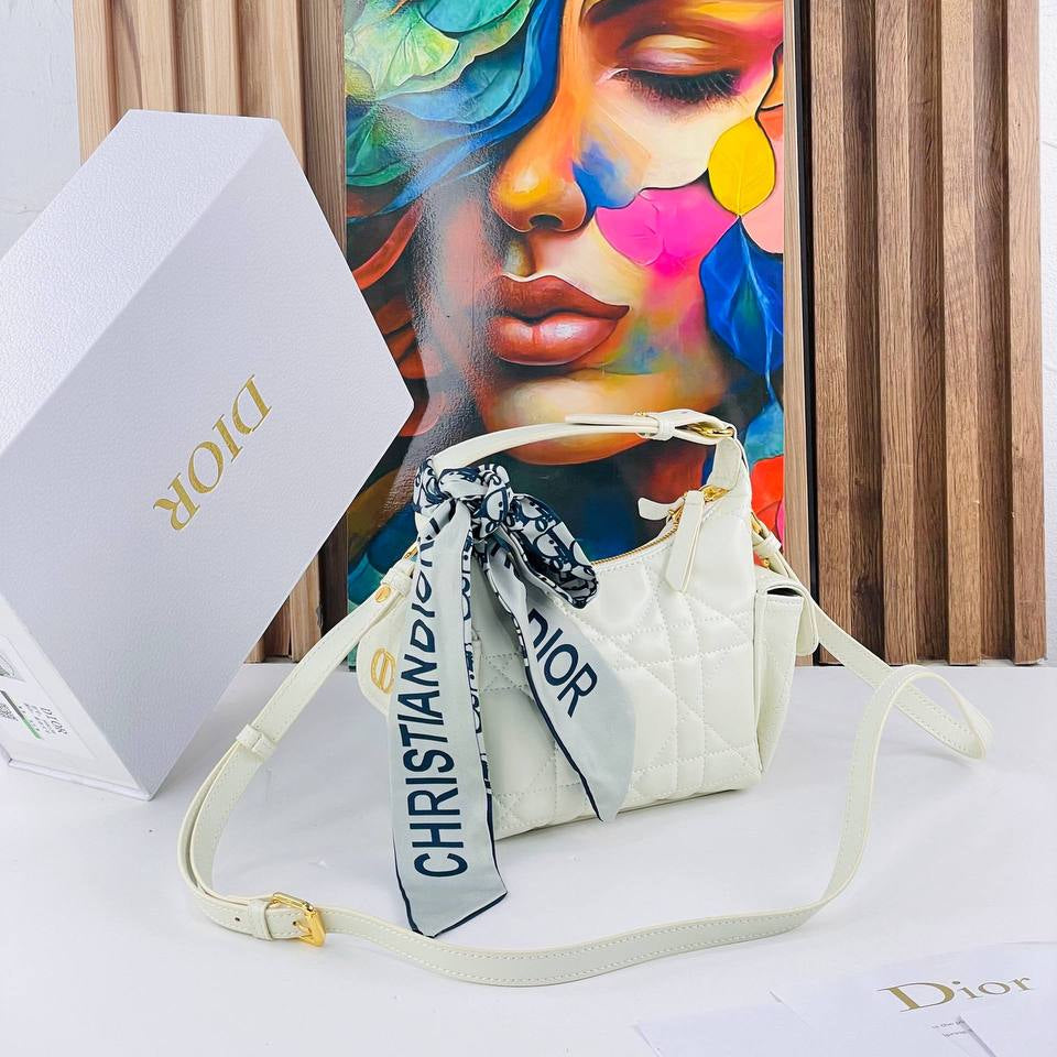 Dior Inspired Large White Quilted Shoulder Bag with Scarf 👜✨