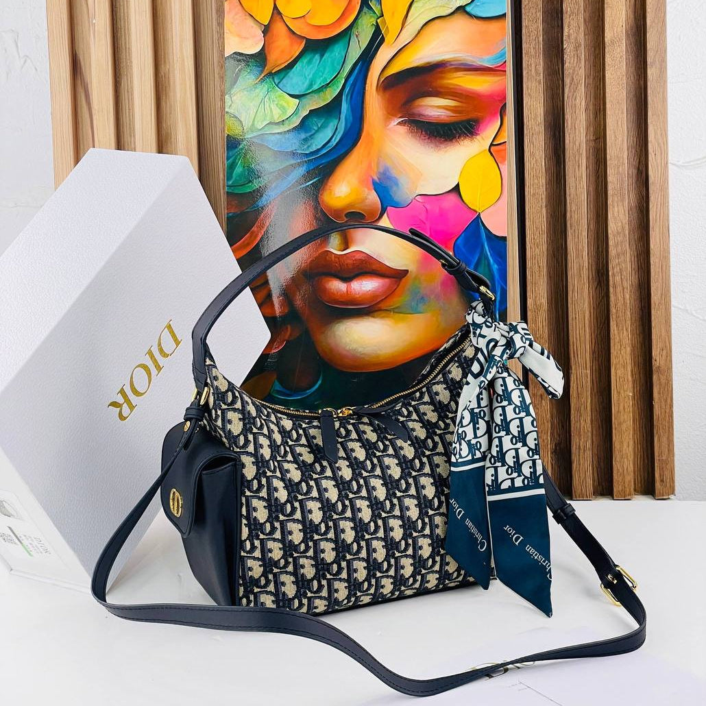 Dior Inspired Large White Quilted Shoulder Bag with Scarf 👜✨