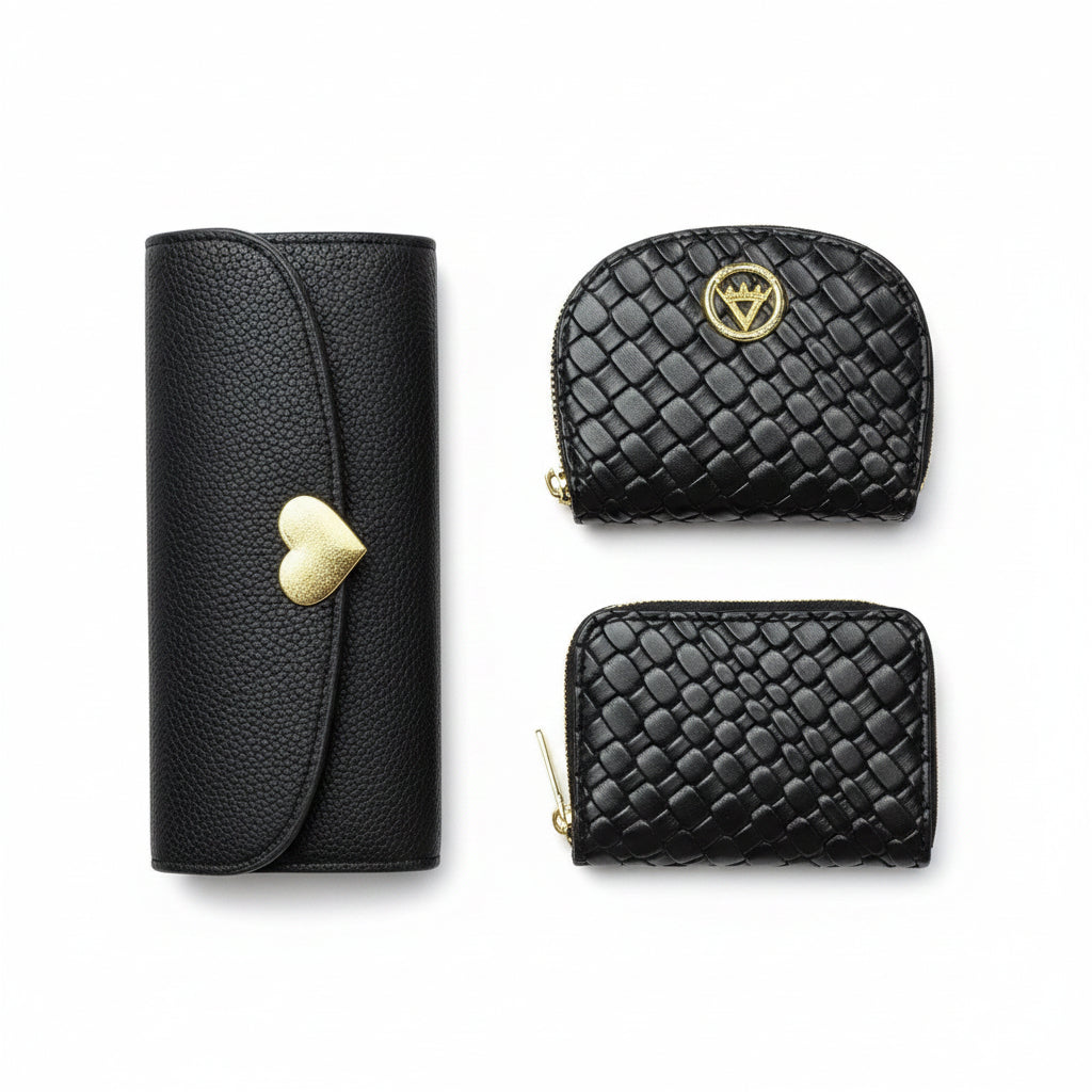 Elegant Heart-Detail Black Wallet & Woven Pouch 3-Piece Gift Set 🖤