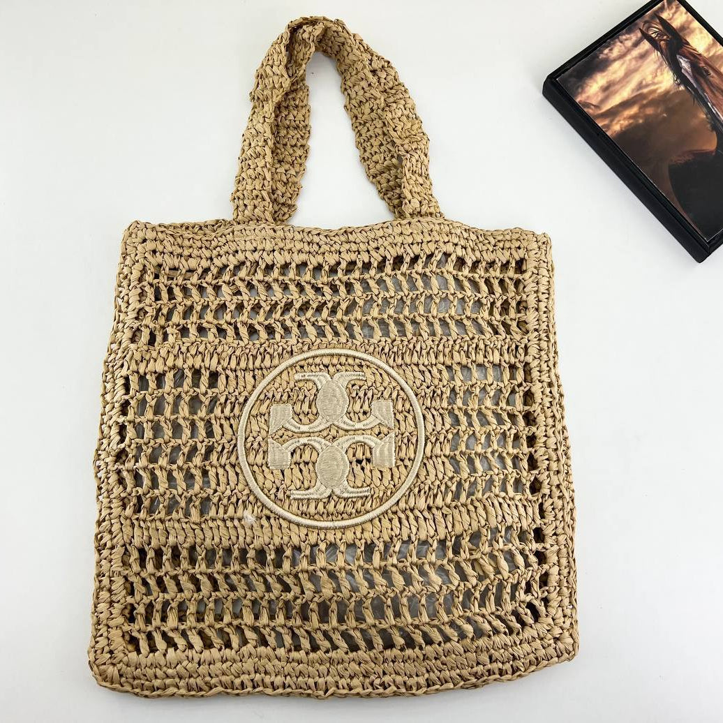 Tory Burch Woven Raffia Tote with Signature Circular Logo