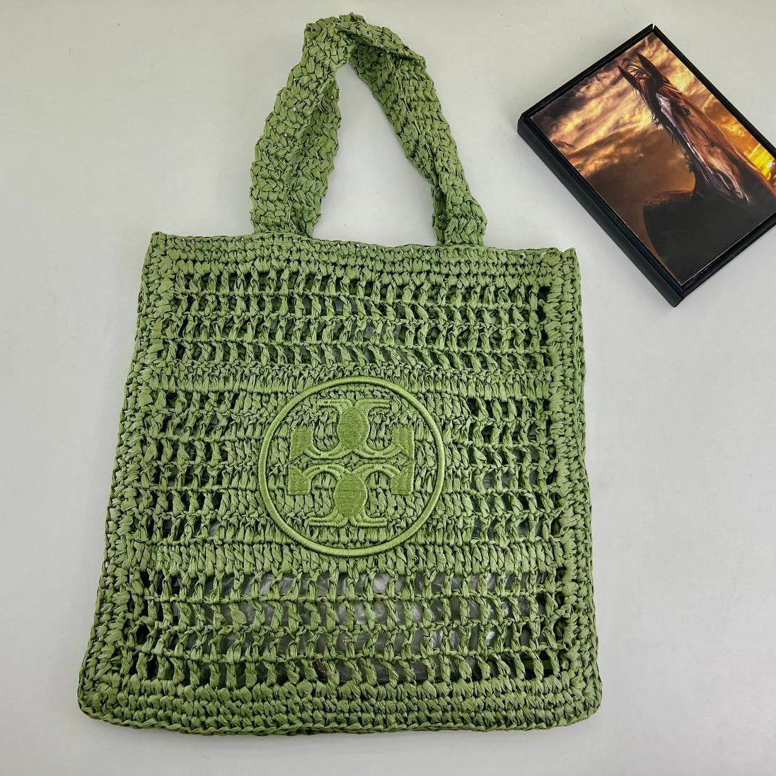 Tory Burch Woven Raffia Tote with Signature Circular Logo
