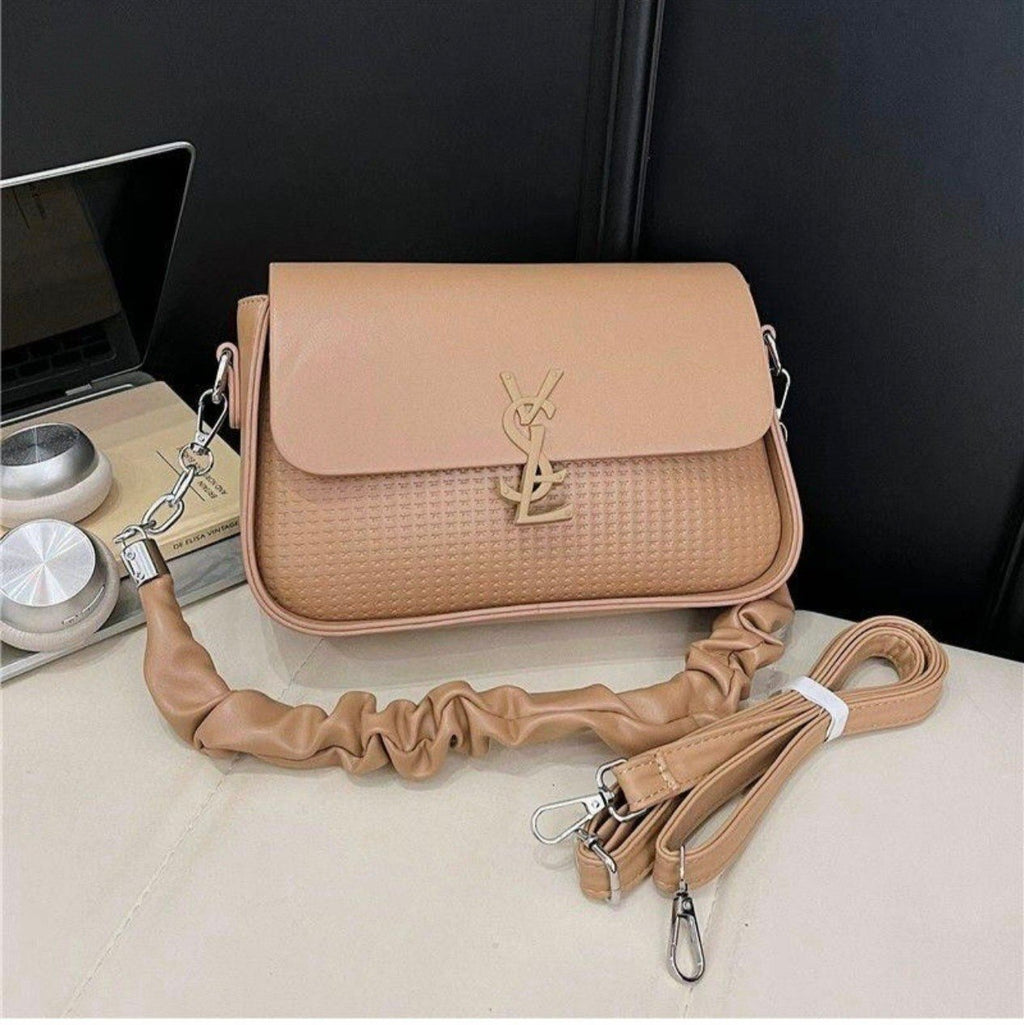 Textured Shoulder Bag with Ruched Handle and Logo Hardware