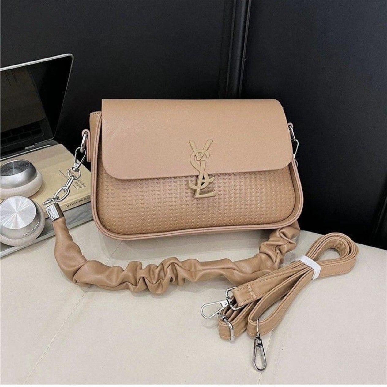 Textured Shoulder Bag with Ruched Handle and Logo Hardware