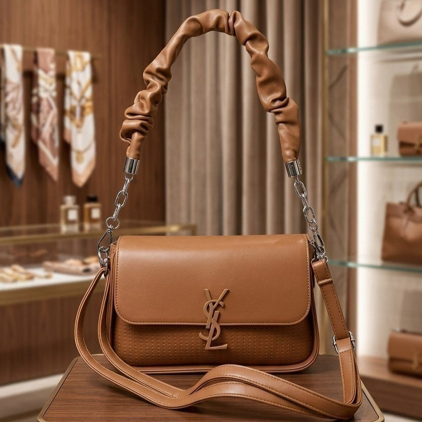 Textured Shoulder Bag with Ruched Handle and Logo Hardware